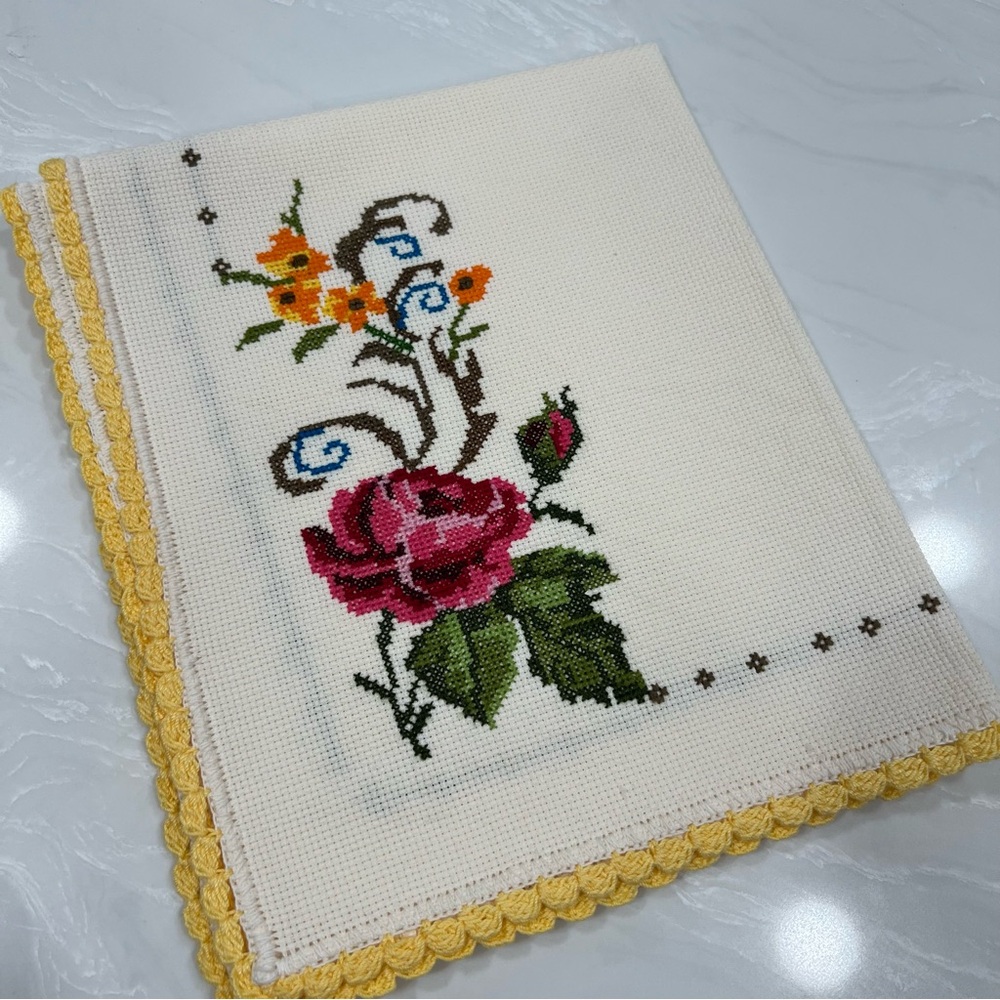 Hand Made Cross Stitch Floral Embroidered Cloth with Yellow Crochet Edge cottage